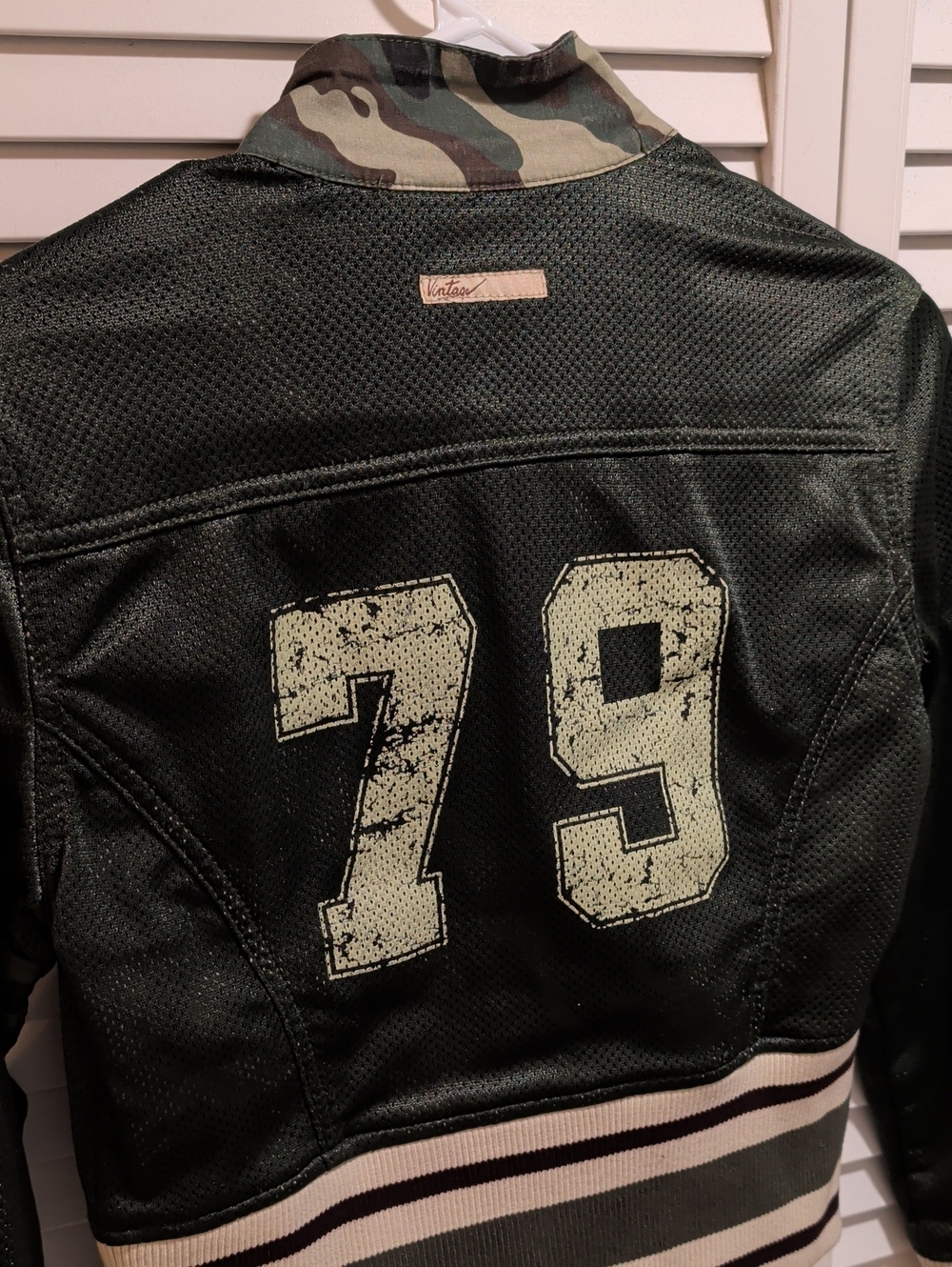 Vintage Black Varsity Jacket with Olive Camo Collar Cream 79 Print By Jordache